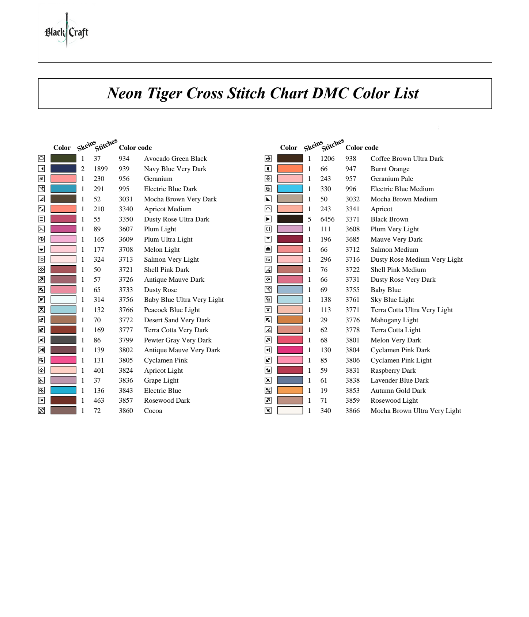 Neon Tiger Cross Stitch Chart (DMC)